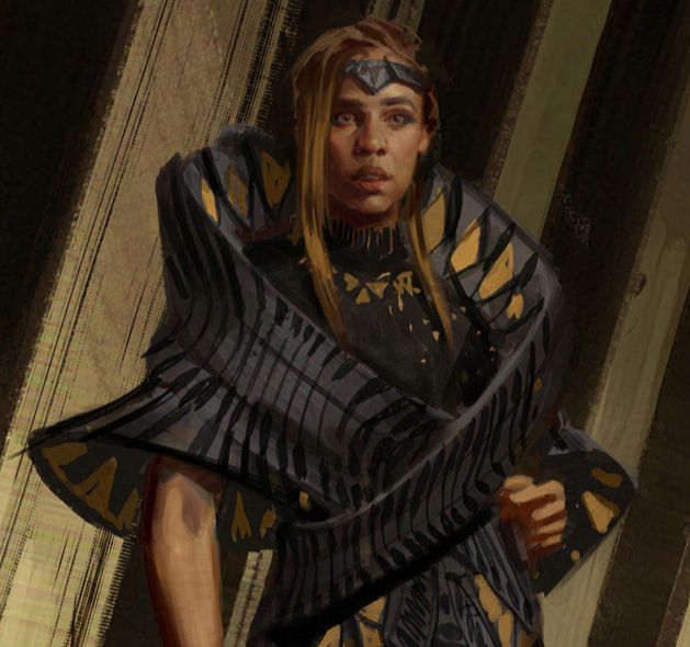 Character Concept Art for Zawe Ashton's character Ael-Dan, for Marvel Studio's film The Marvels. Ael-Dan is wearing a structural geometric sci-fi black and white gown. 