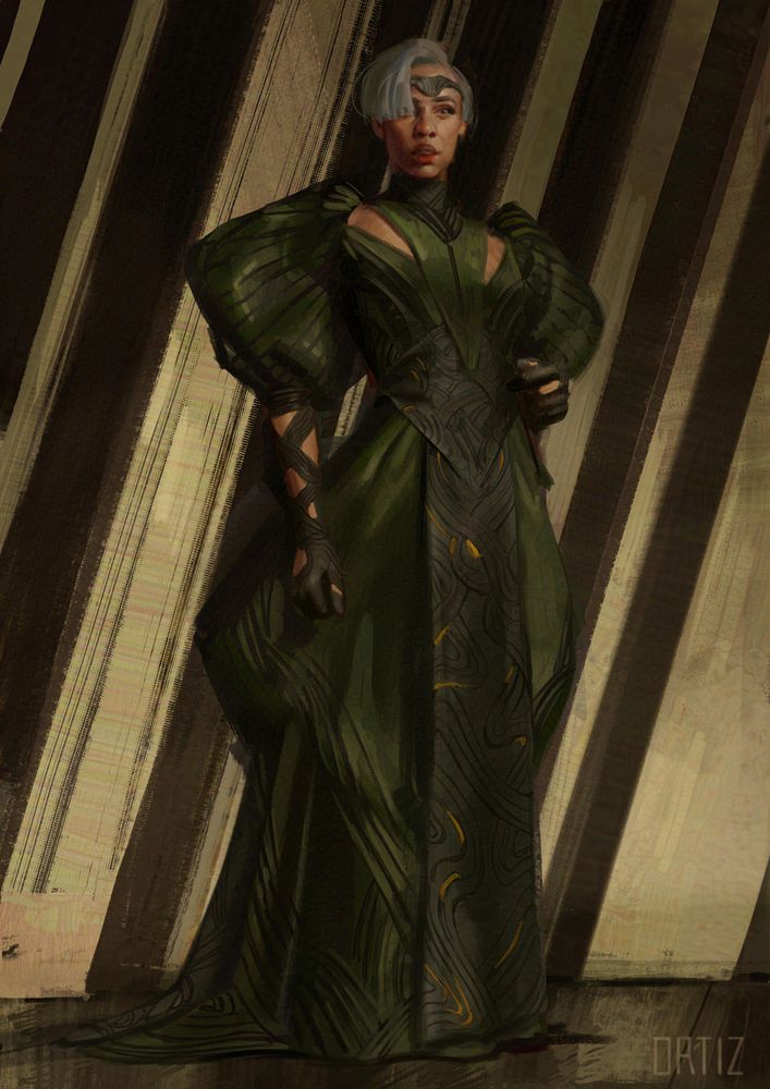 Character Concept Art for Zawe Ashton's character Ael-Dan, for Marvel Studio's film The Marvels. Ael-Dan is wearing an odd-shaped  green dress, with black leather strips, big puffy sleeves, and linear terminations.

