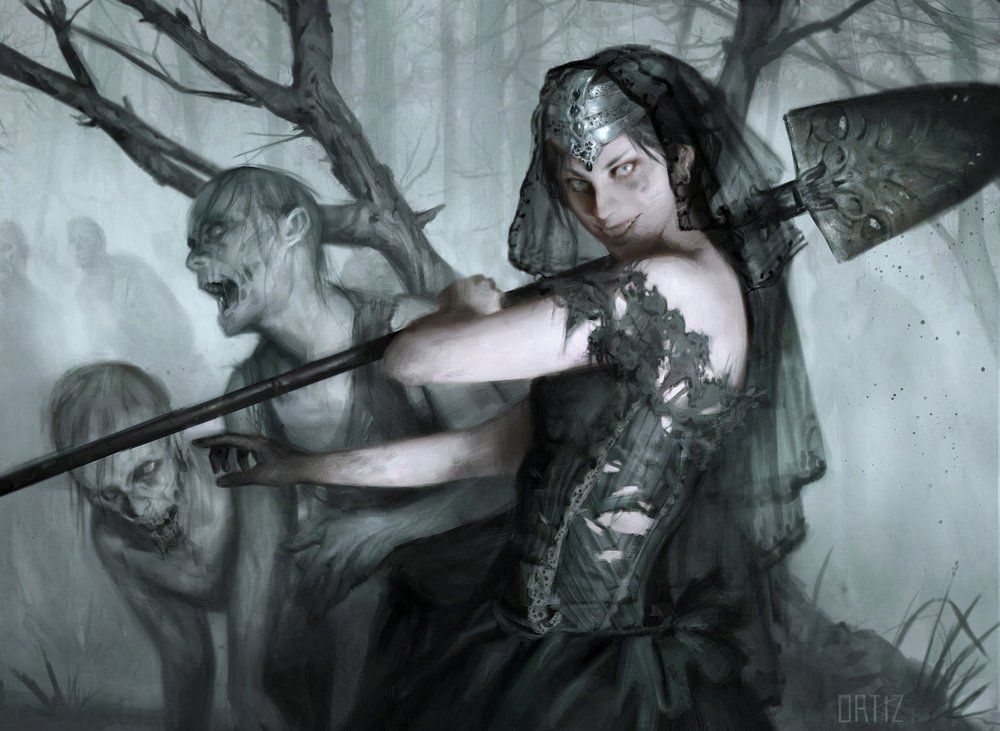 Ghoulcaller Gisa: A deranged woman wearing a black veil, smiles a toothy grin, as she is surrounded by the undead she herself dug up.