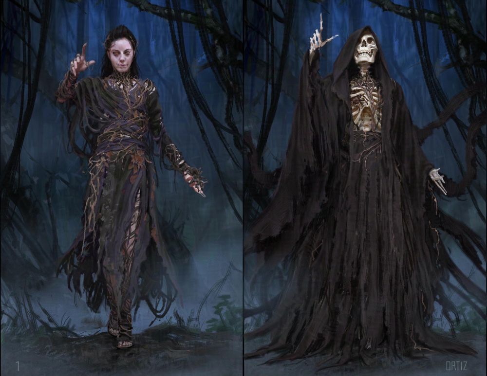 A concept illustration for Marvel’s Agatha All Along, featuring Rio Vidal, portrayed by actress Aubrey Plaza, and a skeleton version of the character side by side as they emerge from the misty woods. Rio wears tattered flowing robes that are covered in roots. The skull has tattered cloth and roots as well. 