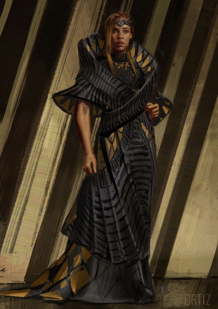 Character Concept Art for Zawe Ashton's character Ael-Dan, for Marvel Studio's film The Marvels. Ael-Dan is wearing a structural geometric sci-fi black and white gown. 
