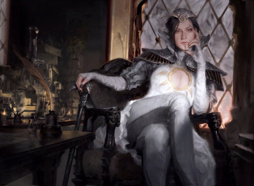 Teysa Envoy of Ghost: a woman in black and white fantasy garb sits before you, judging. 