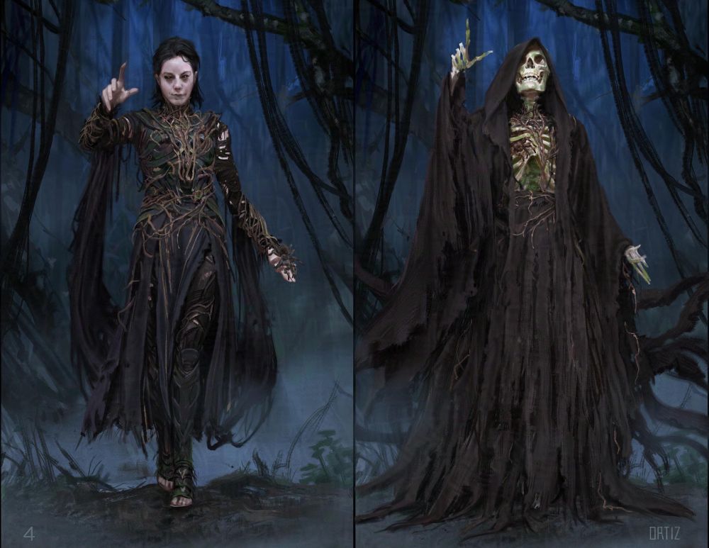 A concept illustration for Marvel’s Agatha All Along, featuring Rio Vidal, portrayed by actress Aubrey Plaza, and a skeleton version of the character side by side as they emerge from the misty woods. Rio wears a spiked armor covered in roots and rotting cloth. The skull has tattered cloth and robed as well.