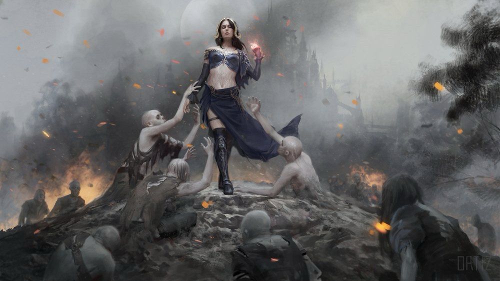 Liliana, Defiant Necromancer: A beautiful black haired woman walks on top of a mound, where she walks the undead emerge to adore and worship. Embers flowing in the background.