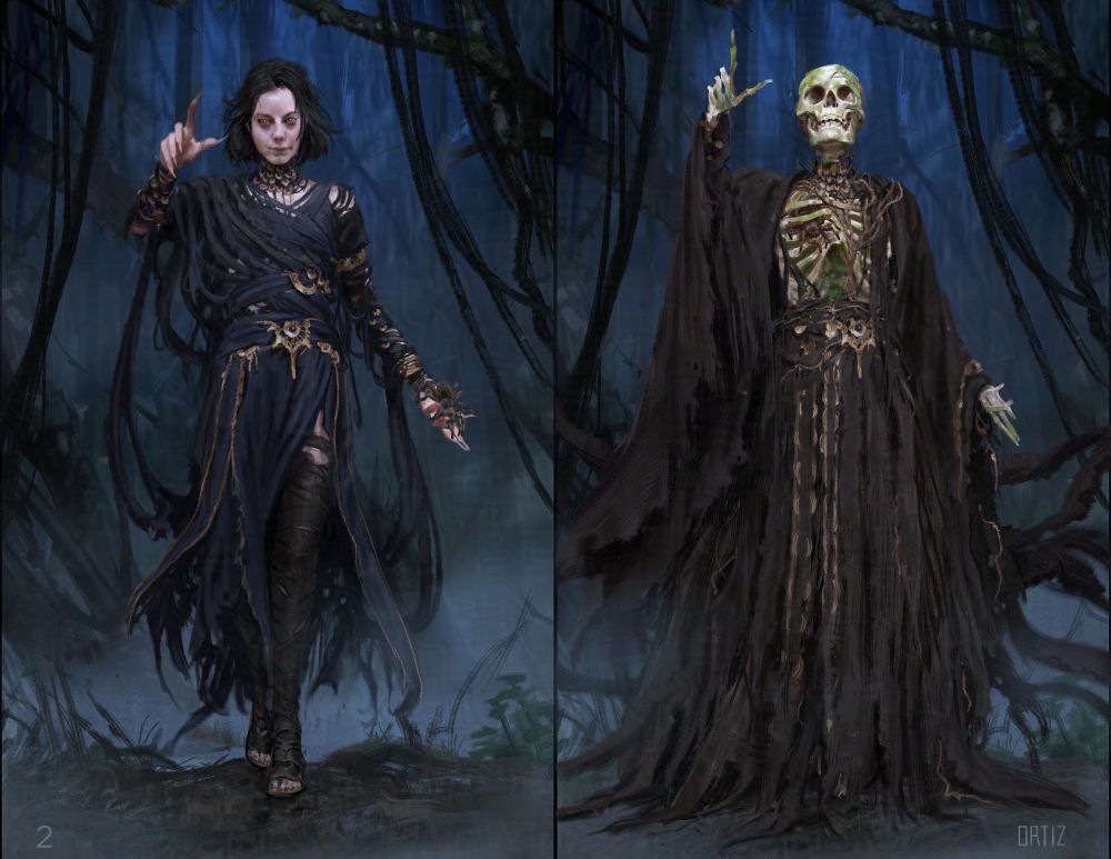 A concept illustration for Marvel’s Agatha All Along, featuring Rio Vidal, portrayed by actress Aubrey Plaza, and a skeleton version of the character side by side as they emerge from the misty woods. Rio wears a tattered cloth and is adorned in jewelry. The skull has tattered cloth and jewels as well.