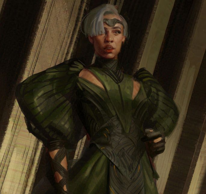 Character Concept Art for Zawe Ashton's character Ael-Dan, for Marvel Studio's film The Marvels. Ael-Dan is wearing an odd-shaped  green dress, with black leather strips, big puffy sleeves, and linear terminations.
