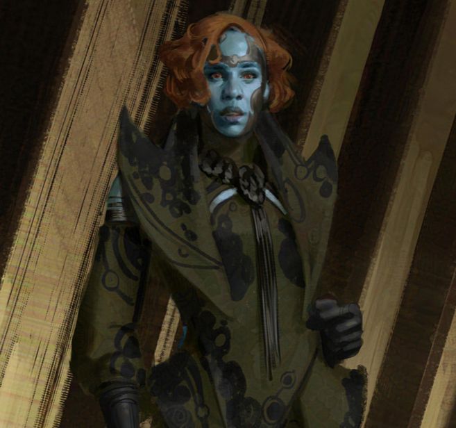Character Concept Art for Zawe Ashton's character Ael-Dan, for Marvel Studio's film The Marvels. Ael-Dan is clothed in a custom olive business suit, with an exaggerated lapel, leather gloves and leather accents, and a long skirt. There is a black leather circular design embroidered throughout the outfit.
