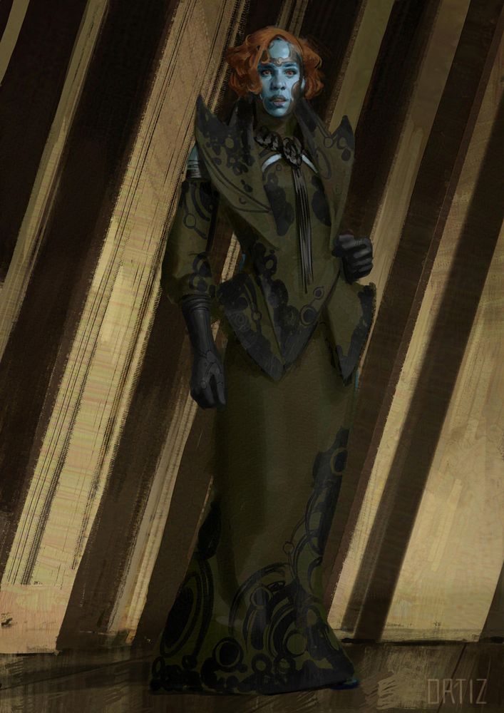 Character Concept Art for Zawe Ashton's character Ael-Dan, for Marvel Studio's film The Marvels. Ael-Dan is clothed in a custom olive business suit, with an exaggerated lapel, leather gloves and leather accents, and a long skirt. There is a black leather circular design embroidered throughout the outfit.
