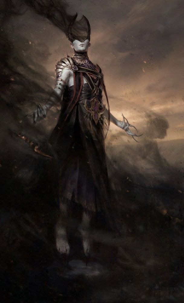 Ashiok, Nightmare Weaver: Ashiok, a human like creature with half of their head gone, replaced by horns and smoke, hovers above the ground. From the smoke, nightmarish creatures form.