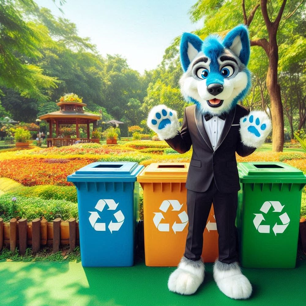 Blue husky furry in a tuxedo with recycling bins