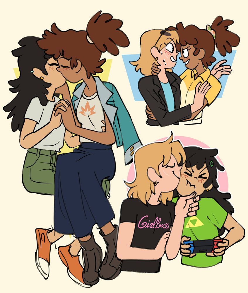 Marcy, Anne and Sasha from Amphibia. They are adults, there's a drawing of each couple, Marcy and Anne are sitting, with Anne on Marcy's lap, kissing tenderly while they hold hands and Anne holds Marcy's face. Anne and Sasha are chest to chest, Anne holding a nervous and shy Sasha, confidently. Sasha and Marcy are next to each other, with Sasha giving Marcy a cute kiss on the cheek while Marcy plays games. Marcy is annoyed at the distraction.