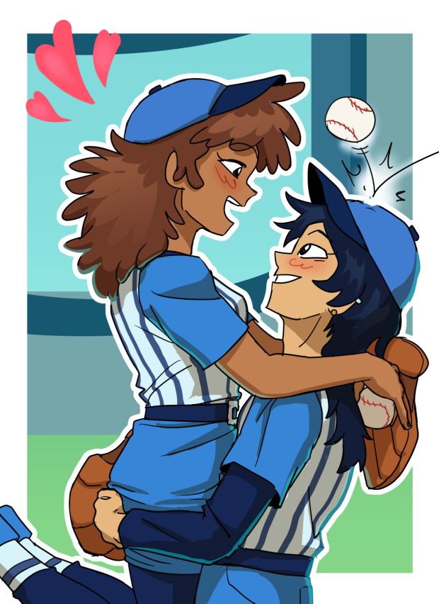 Adult Anne and Marcy from Amphibia. They are both dressed in baseball outfits. Marcy is scooping Anne up, while Anne rests her arms on Marcy's shoulders. They both are looking at each other lovingly. A ball is also bouncing off Marcy's head.