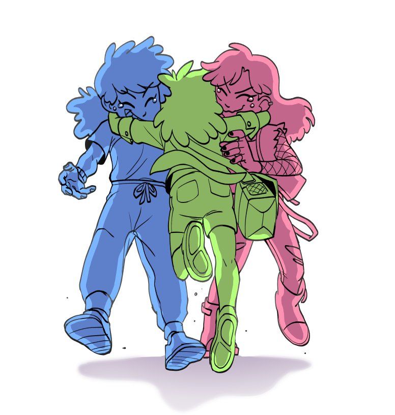 Marcy, Sasha and Anne from Amphibia. They are teens post-Amphibia. Marcy is running towards and hugging Anne and Sasha, who are smiling and crying happy tears. The scene implies this is Marcy's first visit after moving out.
Anne has her hair in a low ponytail. She is wearing a shirt and sweatpants. Sasha is wearing a vest, ripped jeans and boots, looking more punkish.
Marcy is wearing a short-sleeved jacket with short pants, and also carrying a shoulder bag with her. Her hair is slightly longer.