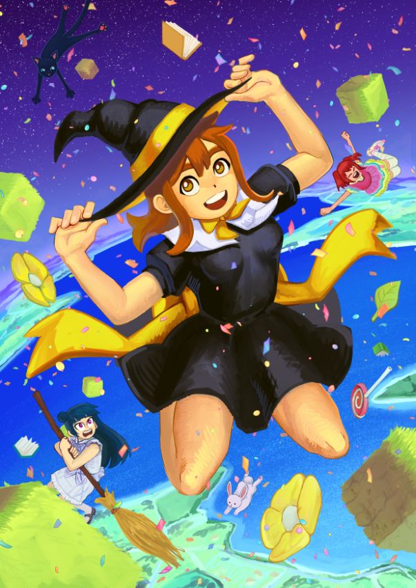 Hanamaru from Love Live in a witch outfit. She is holding her witch hat, while smiling at the camera. She is falling from the sky and is surrounded by chunks of dirt, flowers, leaves, books and confetti. Yoshiko and Ruby are in the background falling along her. Yoshiko is holding onto a broom with a worried expression. Ruby has a joyful expression.