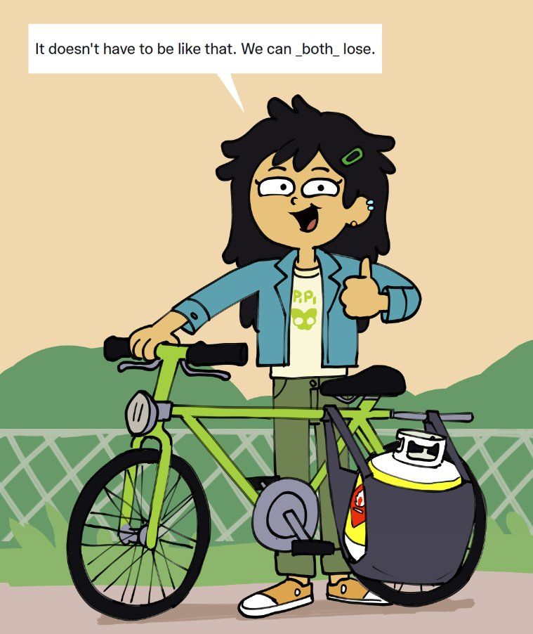 Adult Marcy Wu from Amphibia looking at the camera with a thumbs up and a smile, while holding a bike that has a propane tank attached to it. She is saying "It doesn't have to be like that. We can both lose."