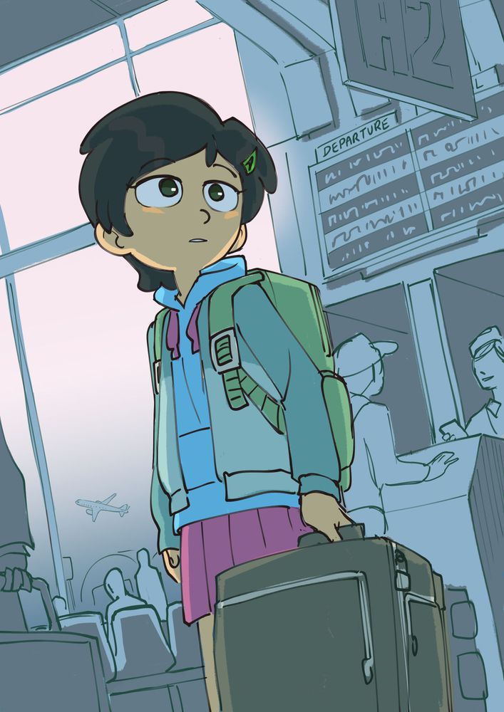 Marcy from Amphibia. She's at the airport, carrying a suitcase and a backpack, ready to take a flight. The scene is after Amphibia happened and Marcy moved out. She is looking into the distance, with a bit of a numb look. She is wearing a blue hoodie and a pink skirt, the colors of Anne and Sasha, to signify she still carries them with her.