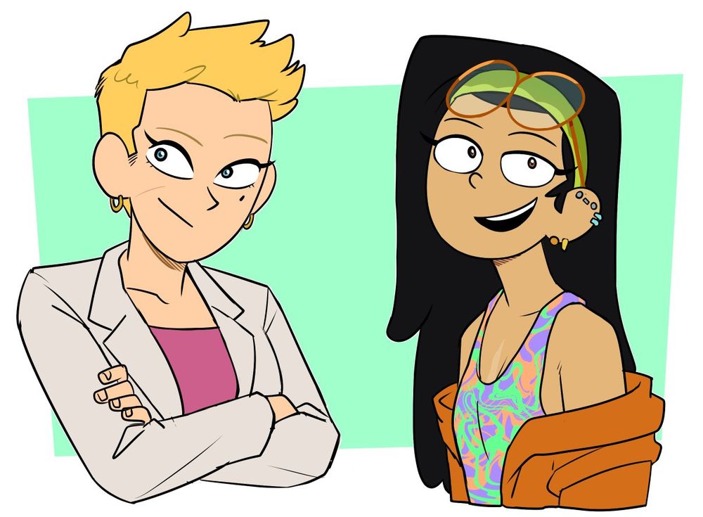 Busts of Sasha and Marcy from Amphibia. They're in their college years. Sasha has a pixie cut, and is wearing a white blazer while crossing her arms, with a smile. Marcy has very long, straight hair. She is wearing a green headband, with an oversized orange jacket, and a sleeveless shirt with psychedelic colors. She also has round glasses, and sort of a smug look.