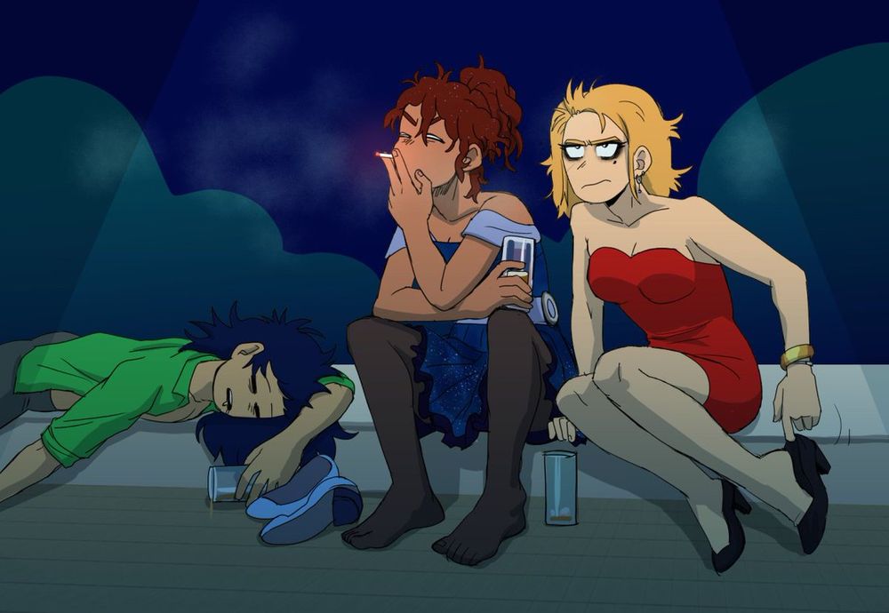 Adult Marcy, Anne and Sasha from Amphibia, all sitting down on the pavement. Sasha is wearing a tight red dress and is taking off her heels, she has smudged make up and looks tired and grumpy. Anne is wearing a blue dress with space motives, her heels are off, she is sitting while smoking a cigarette and holding a half empty glass of what's presumably alcohol. Marcy is laying down on the floor, passed out, barely holding a glass that's spilling its contents. She's wearing a green shirt that's unzipped. It's the dark night and they all looked very tired, it implies they just finished partying hard.