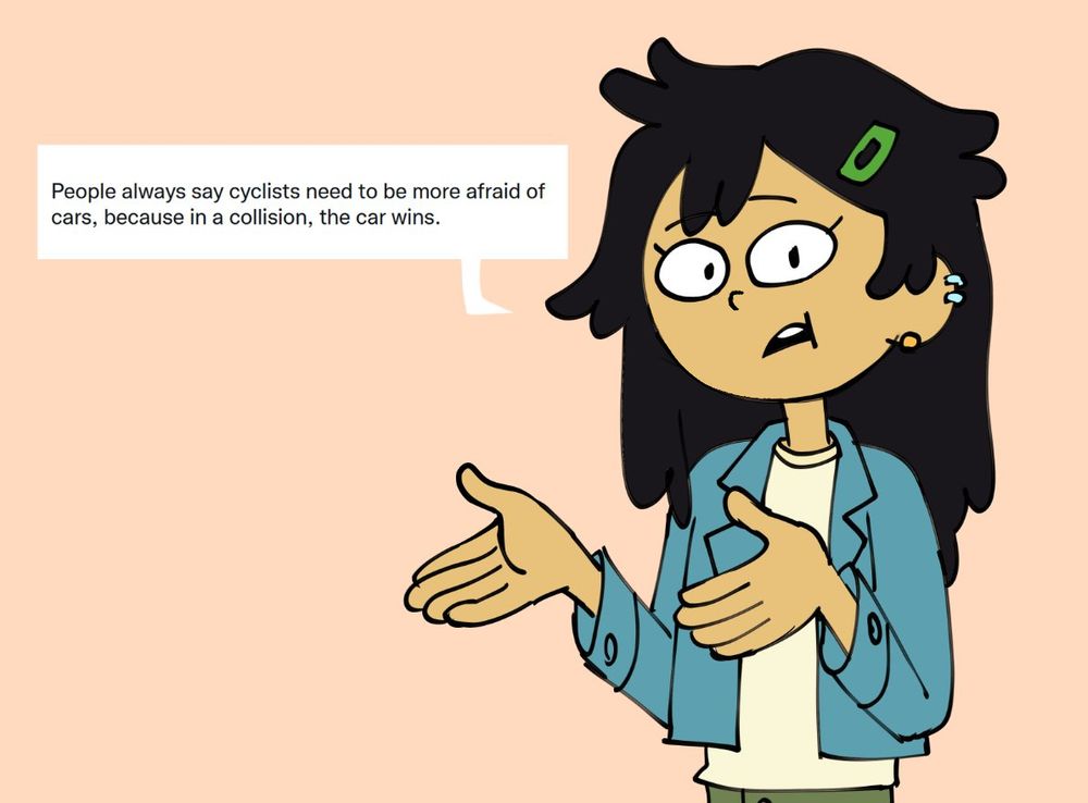 Adult Marcy Wu from Amphibia looking at the viewer while she says "People always say cyclists need to be more afraid of card, because in a collision, the car wins."