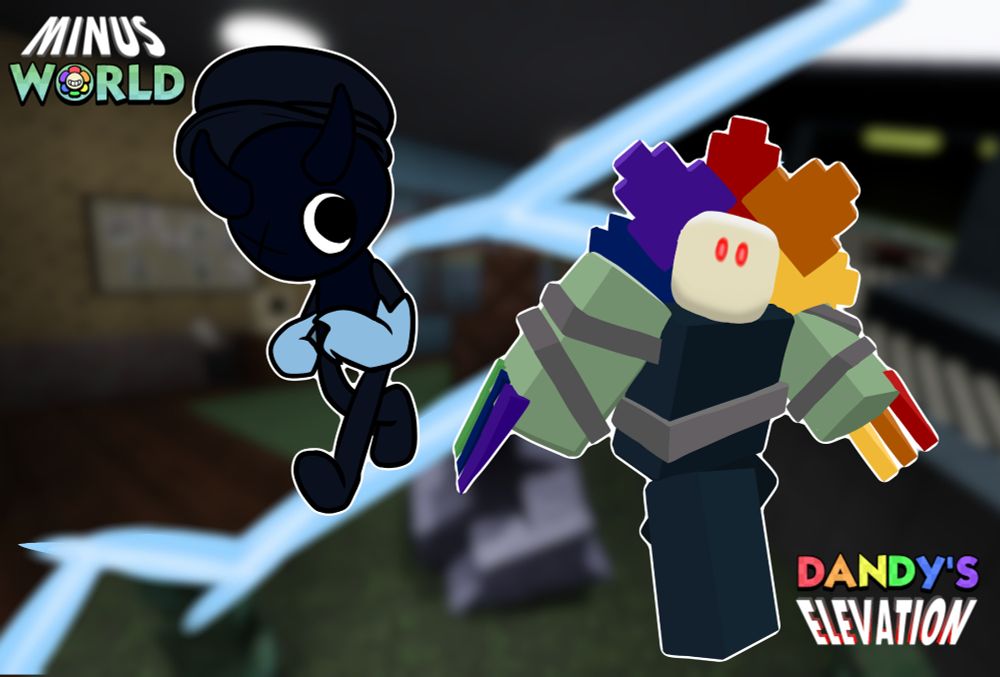 art of Shade from Minus Elevation and Twisted Dandy from Dandy's world with their art styles swapped, with Shade designed with chibi proportions in the Dandy's World style and Dandy with robloxian proportions like the monsters in Minus Elevation