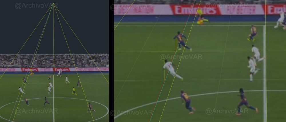 Gráfico de Archivo VAR en el que se trazan las líneas que prueban que Vinicius estaba, por muy poco, más adelantado que el defensor en la jugada que derivó en un penalti que posteriormente anularía el VAR.