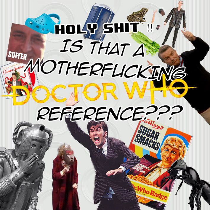 “Is that a motherfucking doctor who reference?” Com diversas imagens aleatorias de doctor who no fundo, incluindo cyberman fumando cigarro, boneco do nono doutor, David tennant gritando e um banheiro químico azul.