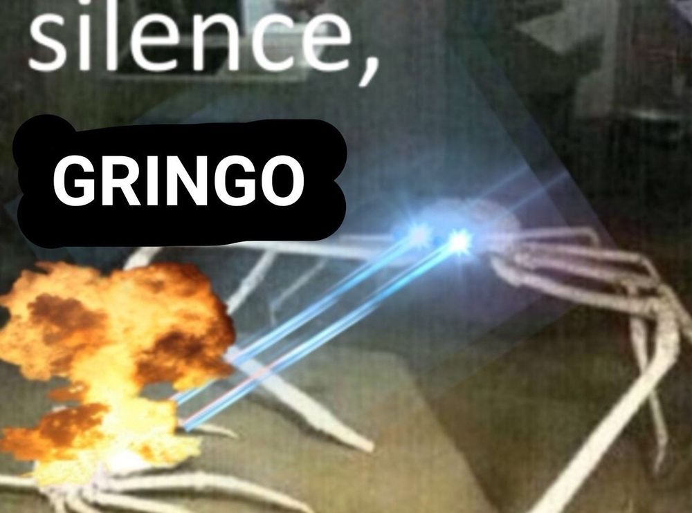 Uma criatura parecendo uma aranha branca soltando lazer azul pelos olhos e explodindo outra criatura, com a legenda SILENCE, GRINGO