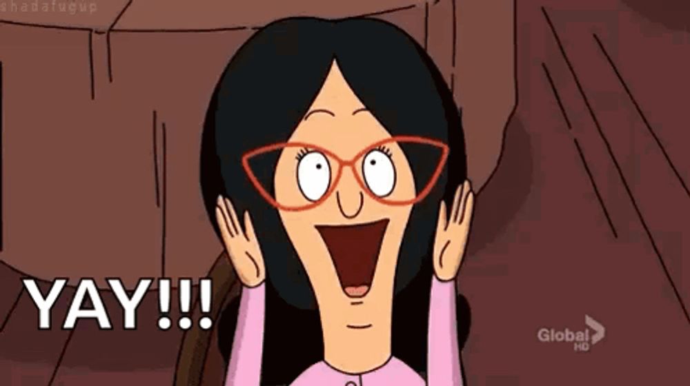 a cartoon character from bob 's burgers is making a surprised face and saying yay !