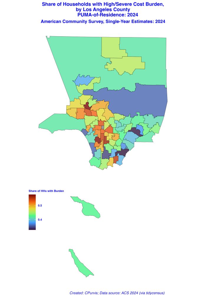 Map shows the 71 PUMAs in Los Angeles County, California. Data mapped shows the share of households with a high or severe housing cost burden (30% or more of income). Data is from the US Census Burea, American Community Survey, single year estimates for the year 2024. Data was released by the Census Bureau on 9/11/25.

Map shows Catalina and San Clemente Islands to the south of mainland Los Angeles County.