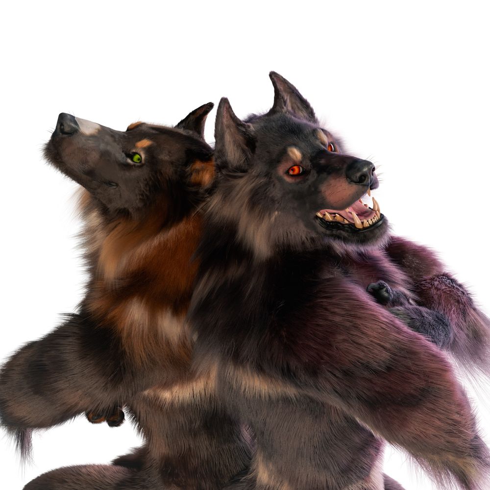 The image depicts the Vitnar brothers, Aythro and Rhaenor, standing back-to-back. As members of a shapeshifting species akin to born werewolves, Vitnar purebloods take on imposing forms in their "in-between" state. This form features massive, bipedal, anthro wolf-like appearances with highly muscular builds.