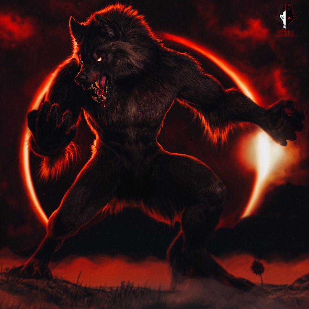 3-D render–meets–digital-painting of Rhaenor, a massive dark-furred Vitnir (werewolf) framed in red rim-light, snarling with fangs bared and claws read to strike as he looms over a misty foreground under a solar eclipse. a single dark Dahlia grows besides his feet