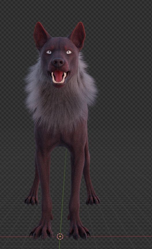 Work in progress of a feral wolf 3D model. At this stage the groom is partially done making it look quite silly. 
Done in blender