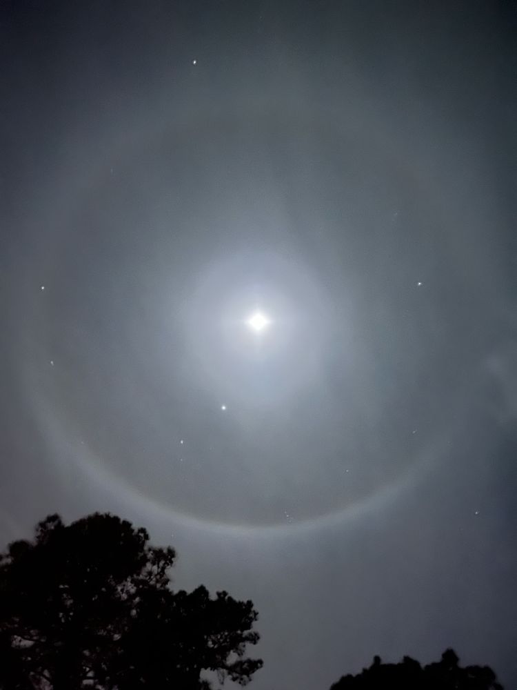 A lunar halo takes up the night sky