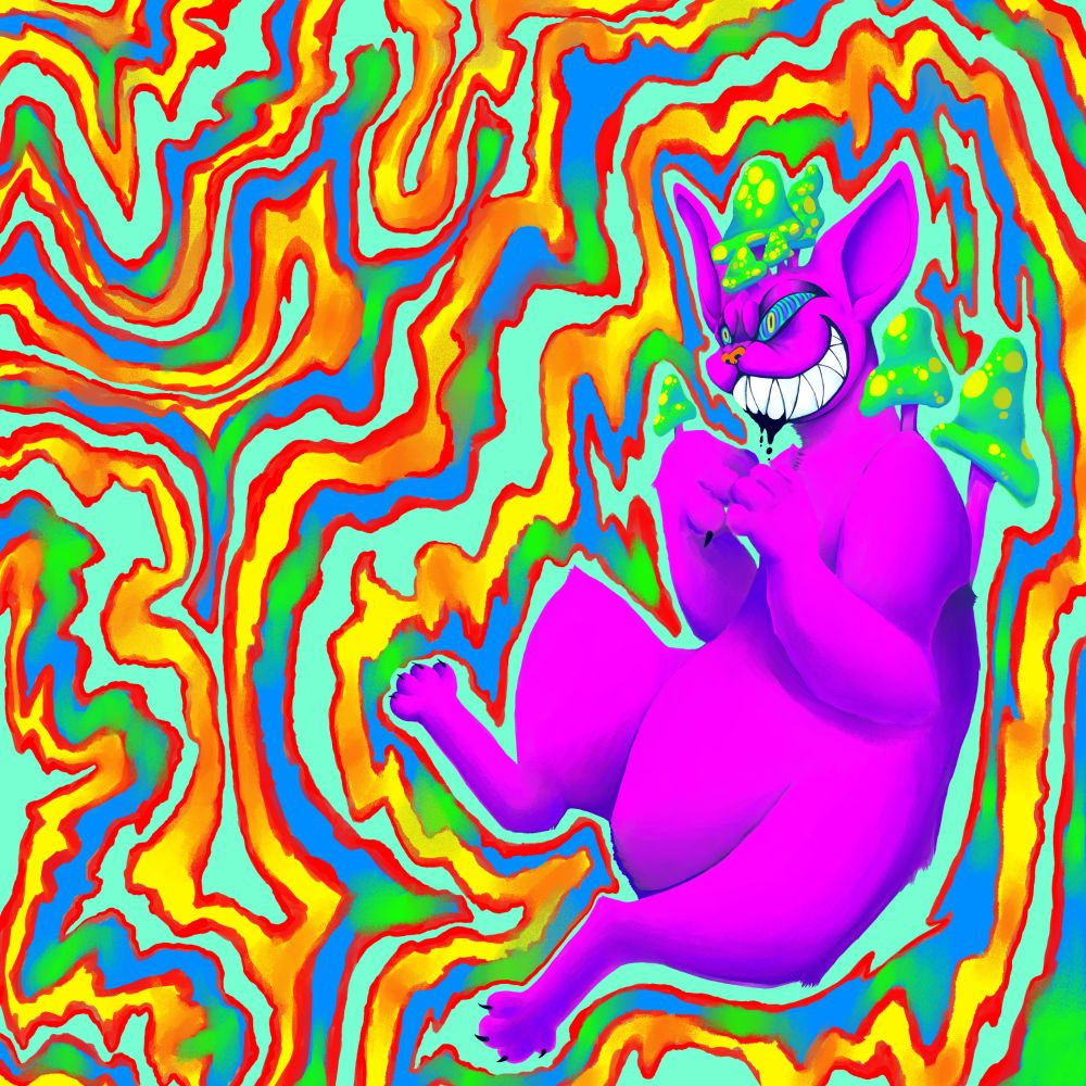 Psychedelic digital illustration of a pink cat with green spotted mushrooms growing out of their shoulders, head and back. The pattern around them is a red, yellow, blue, and green pattern.