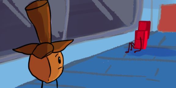 A screenshot from the comic Escape from Abject Reality. The image shows the character Clove (a flowerbud of S. Aromaticum) in the foreground, looking over at the character Zwiggly (a red Z-shaped block) in the distance, who is sitting on the floor.