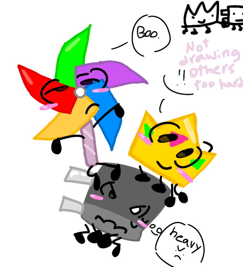 Fanart of characters from the show Love of the S*n.

Charger Block (a grey charger block with two pins sticking out of his side) is standing with his hands in front of him with a grimace on his face, thinking "heavy" as the characters Michael (a pinwheel with red, green, purple, blue and yellow spokes) and Crown (a yellow crown with two green jewels and one pink jewel set into their face) stand on his head.

In the top right corner is a simple black and white doodle of Crown and Charger Block holding hands with the text "Not drawing others too hard".