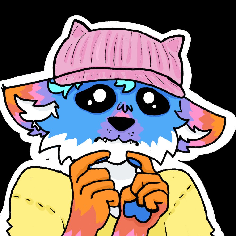 A picture of my fox fursona (a fox with blue fur on the face with a triangle of purple and pink around the nose, purple, pink, red and orange ears with white fur on the insides and white fur around the chin. He is wearing a pink cap with cat ears and doing the "UwU I'm shy" pose with big eyes and two index fingers pointing towards each other (his hands have orange fur with some red and pink further down and blue pads). He is also wearing a yellow shirt.