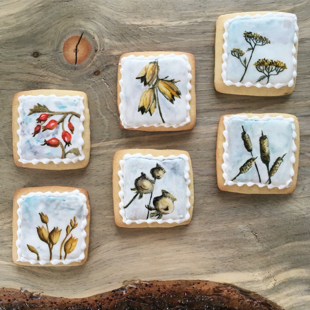 Six cookies decorated with hand-painted native plants from the Great Plains region 
