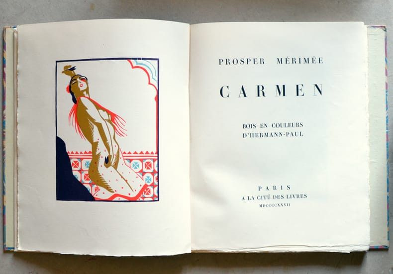 A book open to its title page. On the left is the illustration of a woman, and on the right is the title page.