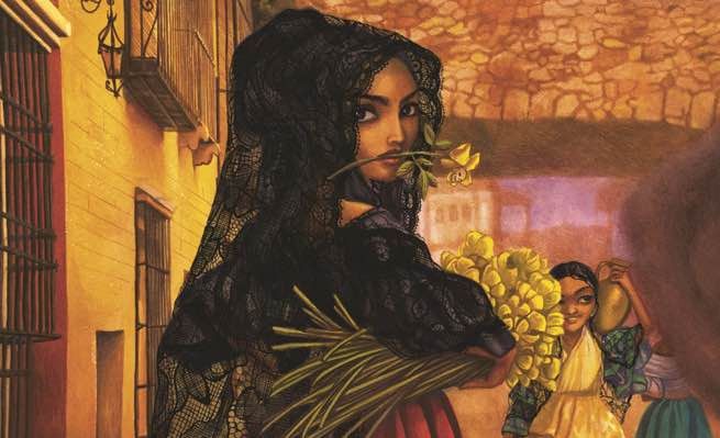 Woman in a black dress carrying flowers looking back at viewer. 