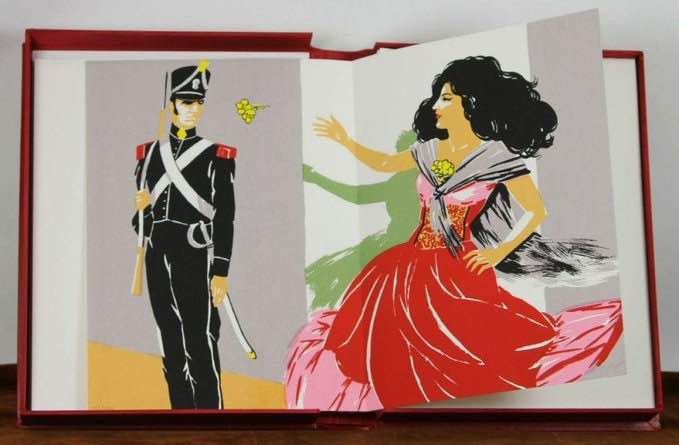 Illustration of a soldier standing and a woman in a red dress. 