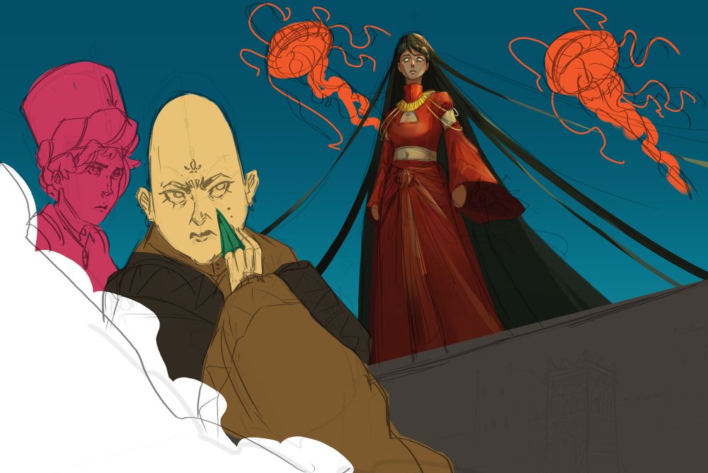 semi-painting of a woman in red, while two nobles disgustingly gossip over her; the sky has jellyfish idk