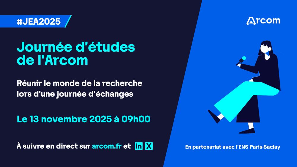 La Journée d'études de l'Arcom réunit le monde de la recherche lors d'une journée d'échanges le 13 novembre 2025 à partir de 09h00. À suivre en direct sur www.arcom.fr et les comptes LinkedIn et X de l'Arcom.