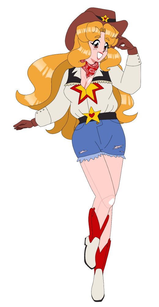 A blonde-haired cowgirl with short shorts, open shirt and paisley bandanna tipping her hat. She is drawn in an early 2000s style.