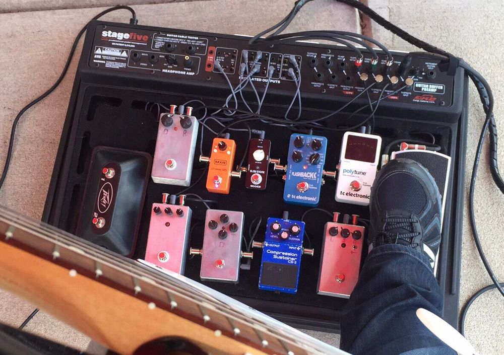 Short lived and overly complicated setup. Using the effects loop in the amp, the lower row was before the amp and the upper row was in the loop. The footswitch on the left switch amp channels. This pedalboard ultimately was too noisy and killed too much high end. A few notable additions, the classic Boss CS-2 compressor, TC Flashback delay, and MXR’s mini Phase 45/90 which replaces my long running GGG Phase 45 pedal.