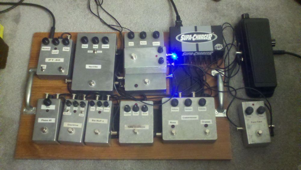 Pedalboard picture Getting a little too big Same as before, added a BYOC Chorus on top of the flanger and now sporting a RG Keen designed Univibe clone (NeoVibe). Forever rearranging order. 