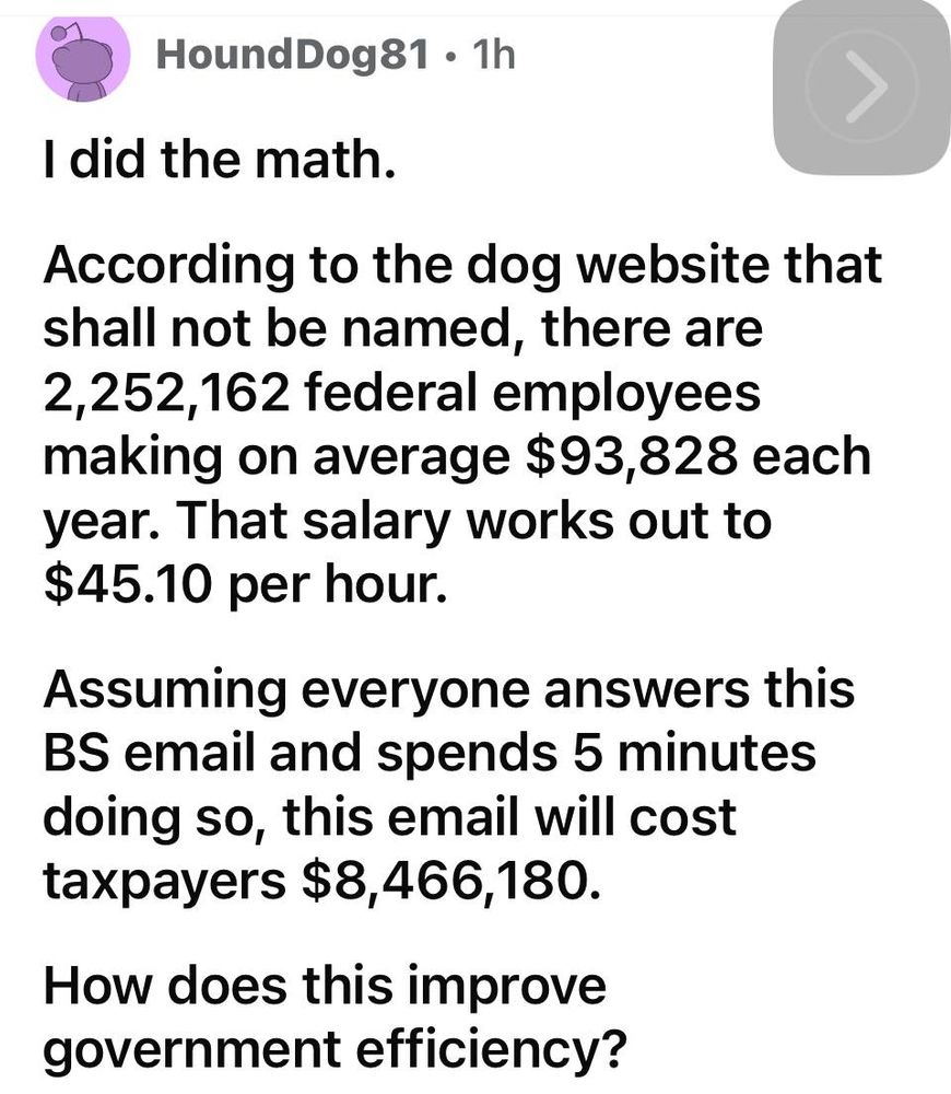 Summary that shows responding to the “list five things you did this week” will cost 8.5 million dollars