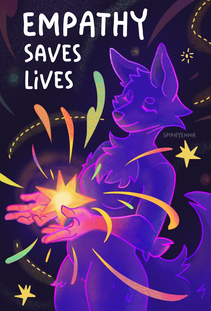 Personaje astral ofreciendo una estrella que llena el espacio de colores
