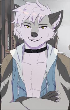 Kyron from Komorebi (a furry visual novel). He is a gray wolf with white side-swept hair, a black collar, and a pale blue sweater vest that's open in the middle. He looks strikingly similar to Phi from Zero Escape: Virtue's Last Reward as she also has white side-swept hair and a pale blue open coat.