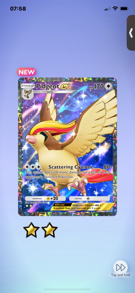 A full art Pidgeot ex card, it’s got a rainbow shimmer border and lots of shine and stars in the background